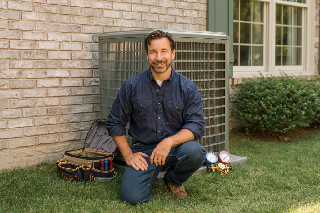Local HVAC technician kneeling beside a residential AC condenser unit