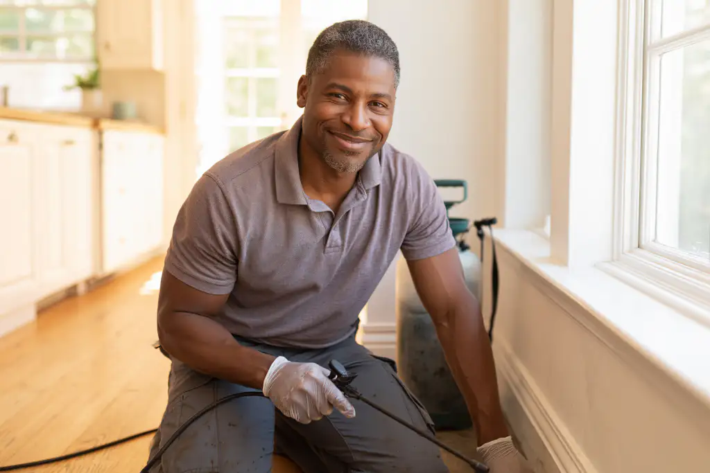Local pest control technician treating a kitchen baseboard with a sprayer