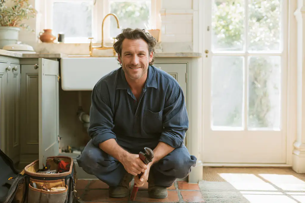 Local plumber crouching at an open under-sink cabinet with a pipe wrench